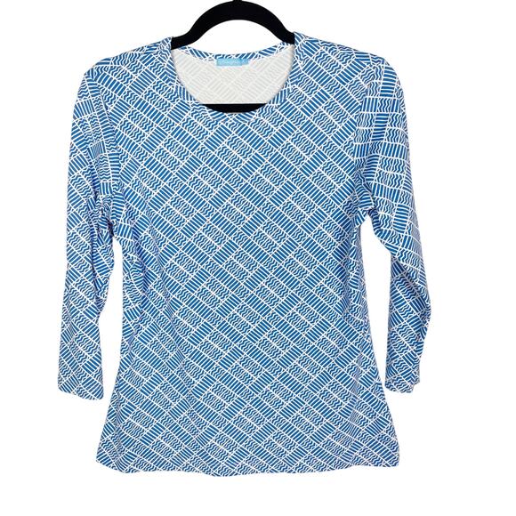 J McLaughlin Small S Blue White Geometric Print 3/4 Sleeve Catalina Cloth Top - Picture 1 of 7